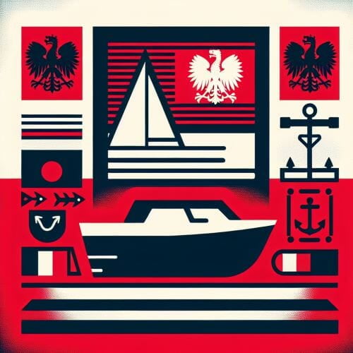  Plakat z łodzią, kotwicą, flagą i innymi symbolami.