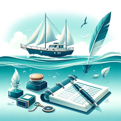 Ilustracja przedstawiająca notatnik i długopis na statku na oceanie.
